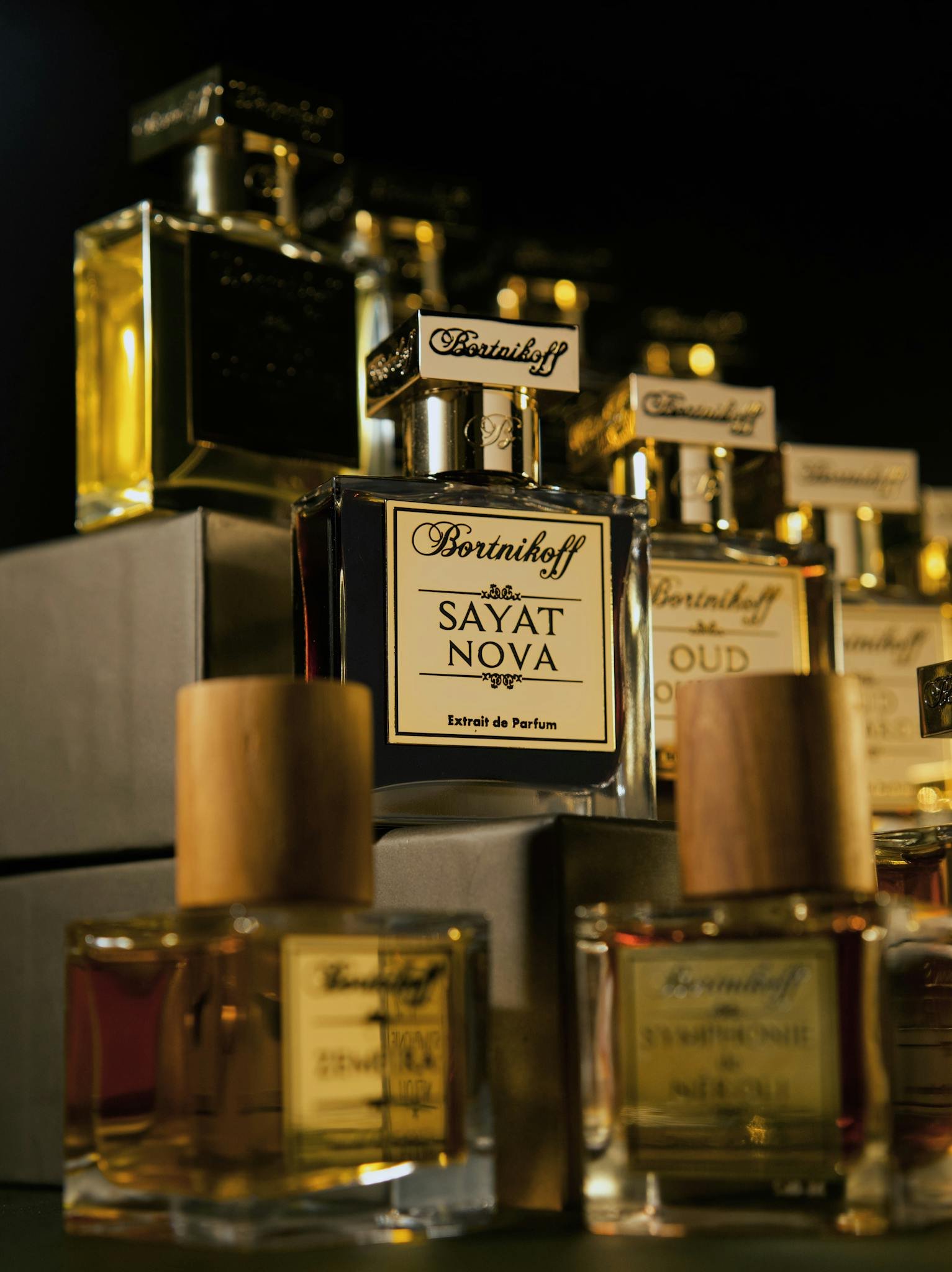 Luxurious Bortnikoff perfume bottles elegantly displayed with focus on Sayat Nova fragrance.